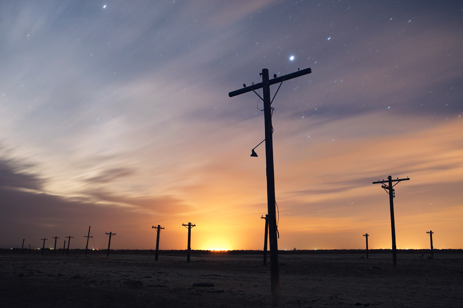 Salton Sea at Night with Telephone Poles