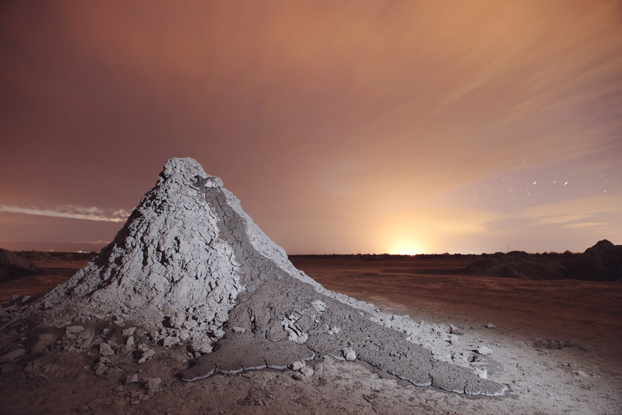 Salton Sea mud volcano at night